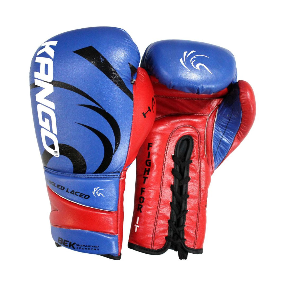 KANGO Boxing Gloves Leather with Laces  Metallic Blue & Red , size= 10 OZ